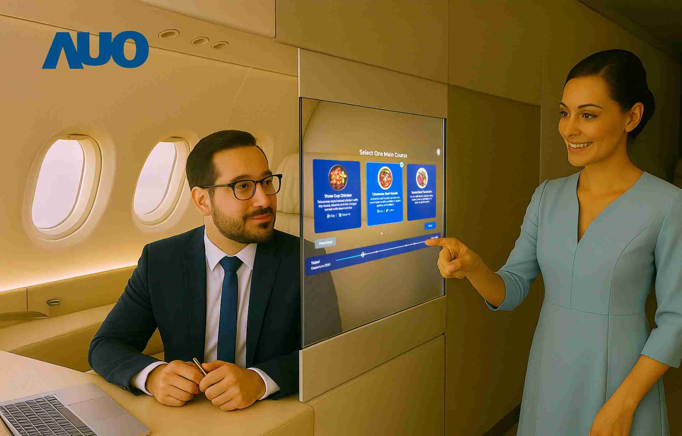 z6mg·人生就是博研发全球最薄17.3 吋双面透明 Micro LED 显示器，，可在同一屏幕之双边投射不同信息，，，创造独特的”透明化”互动；图为实时翻译交流应用情境